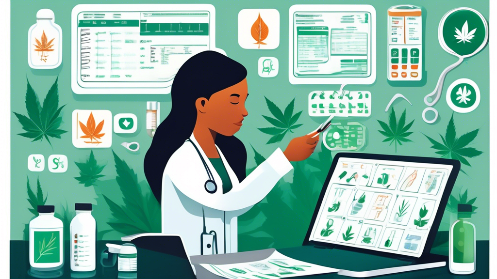 Create a detailed illustration showing a medical professional analyzing a digital chart with ICD-10 codes related to marijuana use. Include icons or symbols representing marijuana (like a cannabis lea