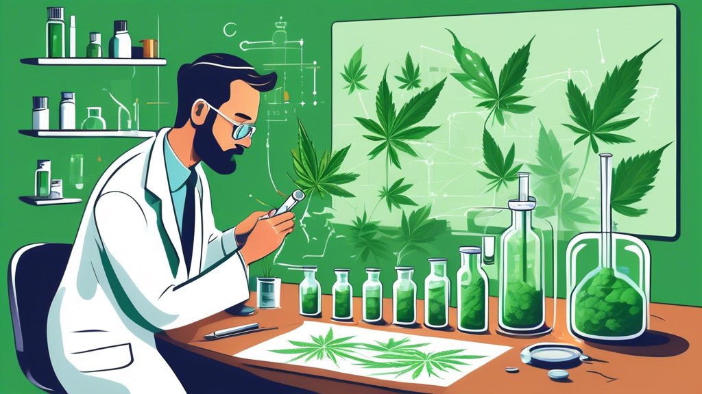 Create an image that depicts a laboratory setting with a scientist holding a test tube containing a cannabis leaf. The background should feature elements that represent Washington State, such as the S