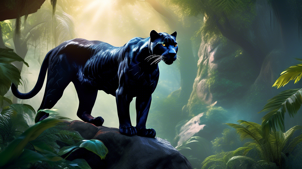 Create an image of a powerful black panther standing majestically on a rocky outcrop, with its muscles clearly defined and glowing eyes piercing through the dense jungle mist. The scene is set in a vi