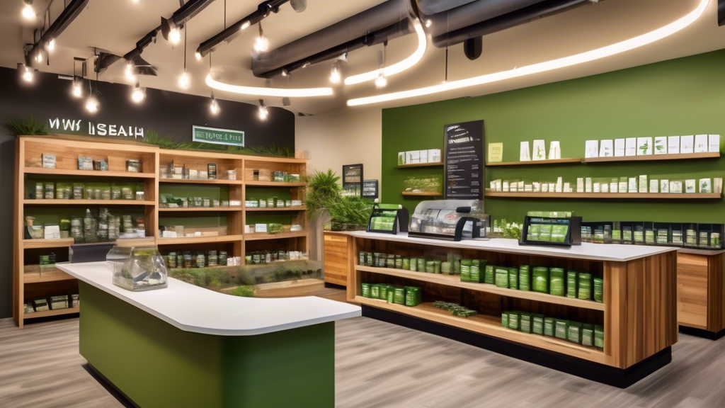 Create an image of a modern marijuana dispensary in Issaquah, Washington, with a view of the lush, green landscape surrounding the area. Show a welcoming storefront with inviting signage, a well-arran