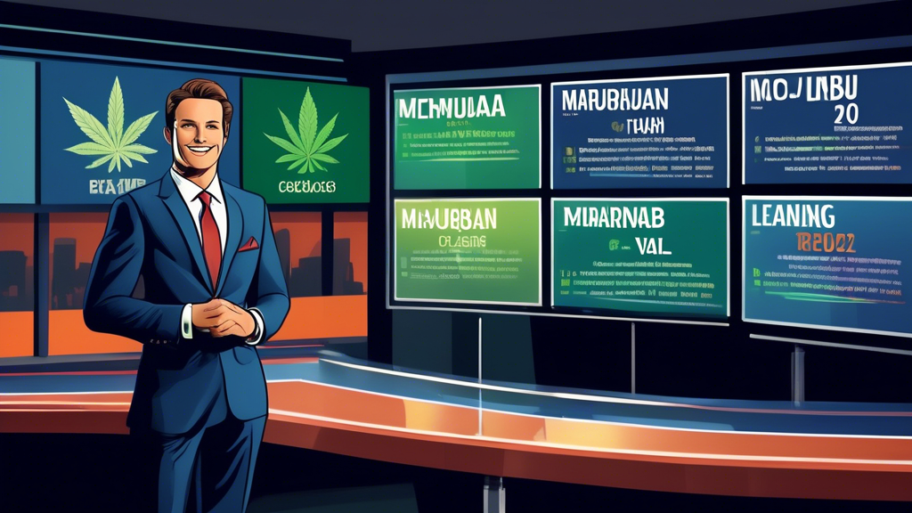 Create an image of a modern news studio featuring a confident anchor in a suit, with a large screen behind them displaying the headline 'Upcoming Date for Marijuana Rescheduling Announced'. The backgr