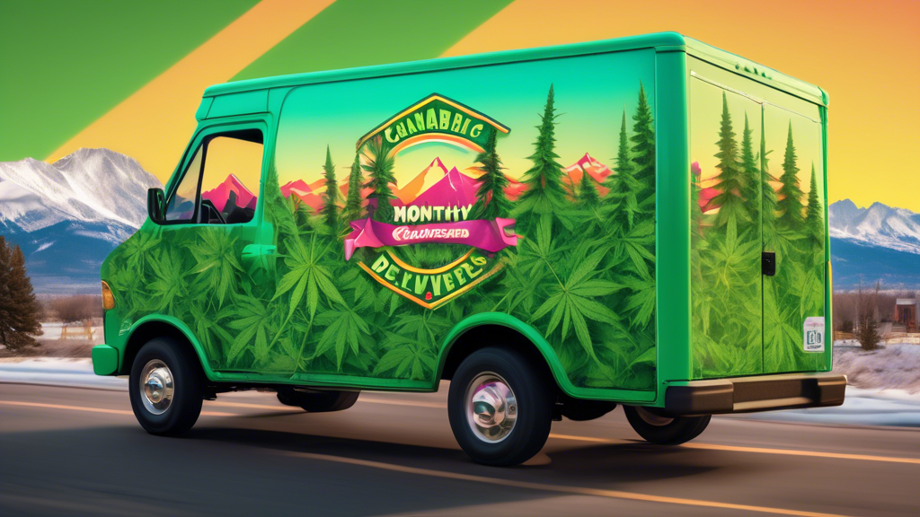 Create an image of a brightly colored delivery van in the heart of Denver, with the Rocky Mountains in the background. The van is decorated with cannabis leaves and has a logo that reads Monthly Canna