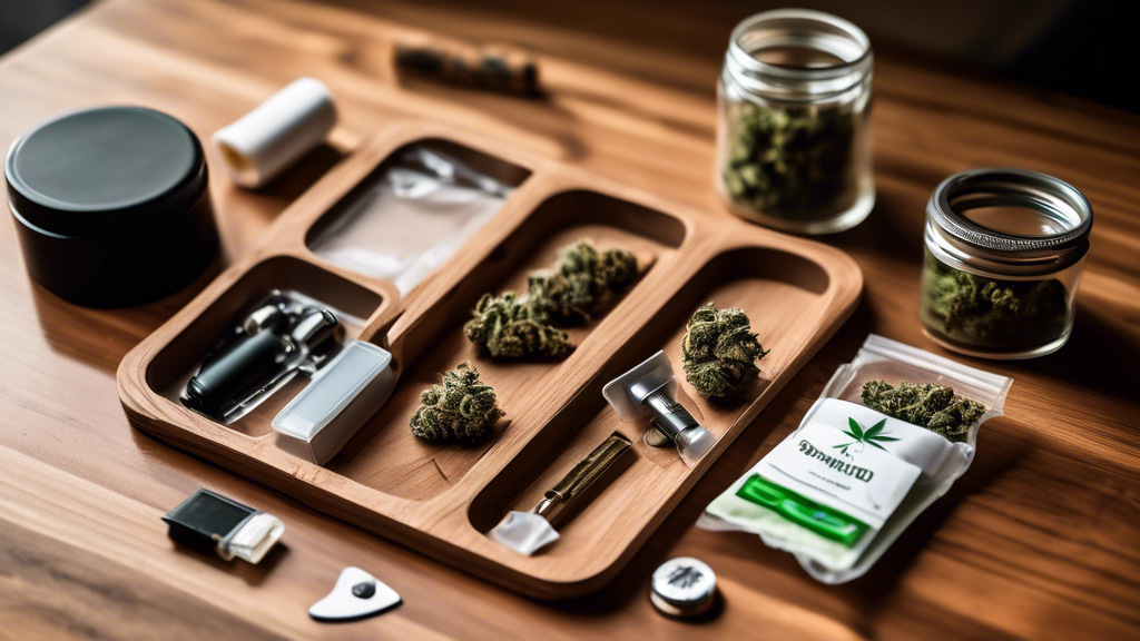 A high-quality photograph of an organized marijuana kit placed on a clean wooden surface. The kit includes neatly arranged items such as a grinder, rolling papers, a lighter, a small glass jar contain