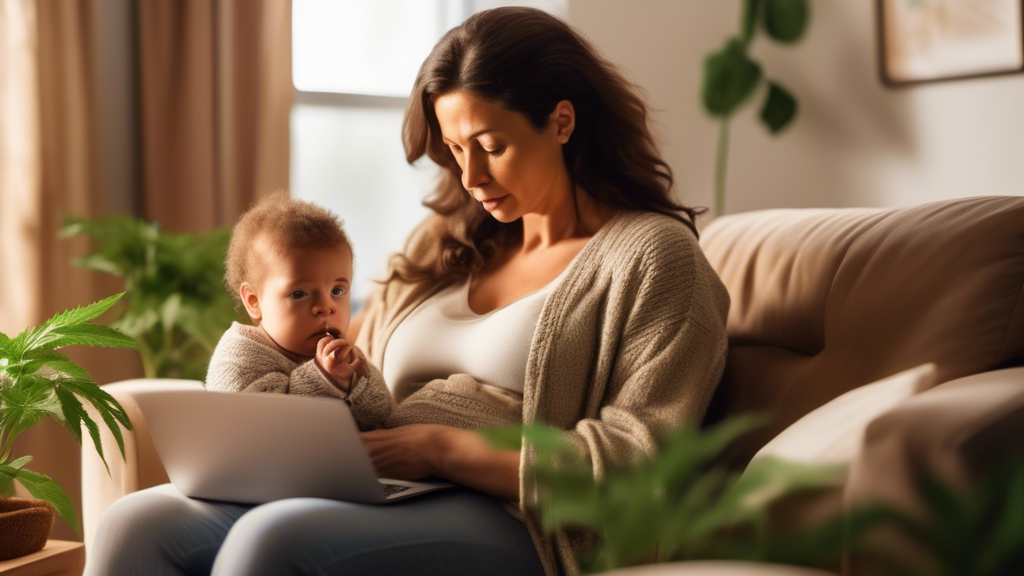 Create an image featuring a concerned-looking mother holding a baby in a cozy, well-lit living room. The mother is looking at a laptop screen displaying information about marijuana use during breastfe