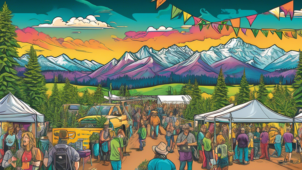 Create a vibrant and detailed illustration capturing the 2nd Annual Montana Cannabis Exhibition. Focus on showcasing a lively event with various stalls, showcasing cannabis plants, products, and acces