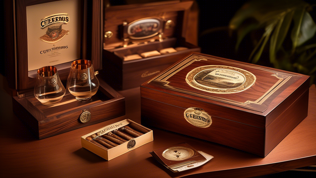 Create an image showing a sophisticated and elegant setting where two beautifully designed cigar boxes labeled 'Cuervo y Sobrinos' are on display. One box is opened, revealing luxurious cigars with de