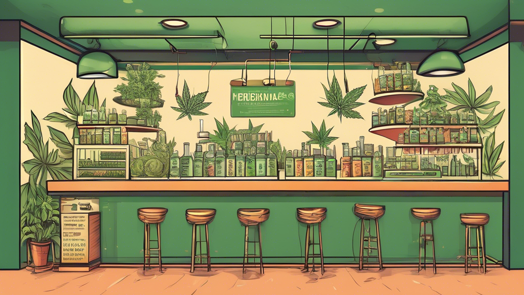 A detailed, vibrant illustration of a contemporary marijuana dispensary's menu; showcasing a variety of products like edibles, tinctures, vapes, and flower strains. The design is sleek and modern, wit