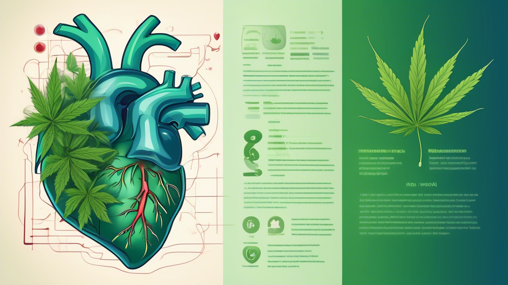 Create a detailed medical illustration showing a human heart and cannabis leaves in the background. The heart should be depicted having noticeable palpitations or irregular beats. Add an informative t