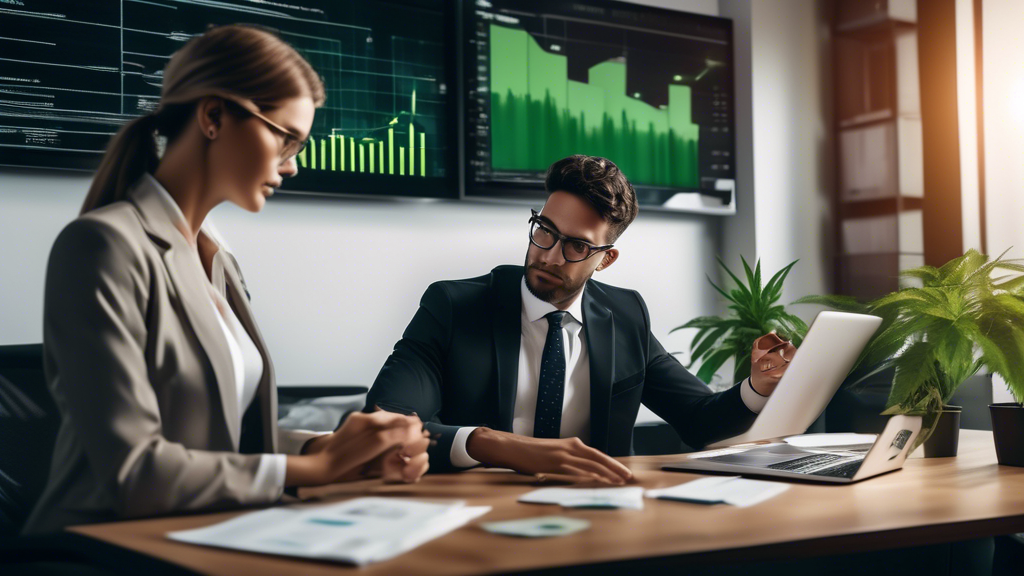 Create an image of a young investor consulting a financial advisor in a modern office setting. The scene highlights various visual elements related to ETFs and marijuana investments, such as charts sh