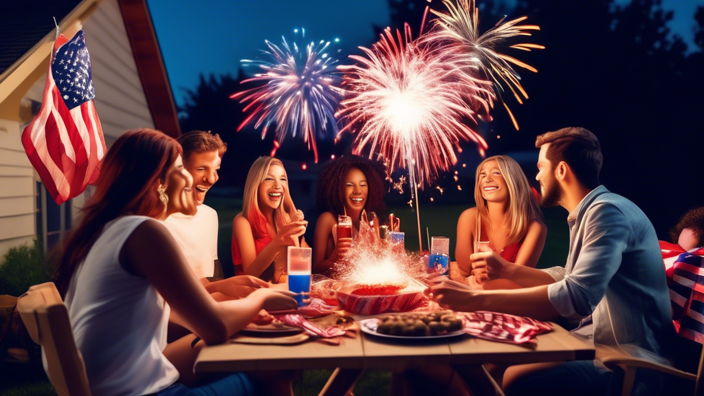 Create an image depicting a vibrant Fourth of July celebration with friends gathered at a backyard barbecue. Include elements like fireworks bursting in the night sky, the American flag, and various r