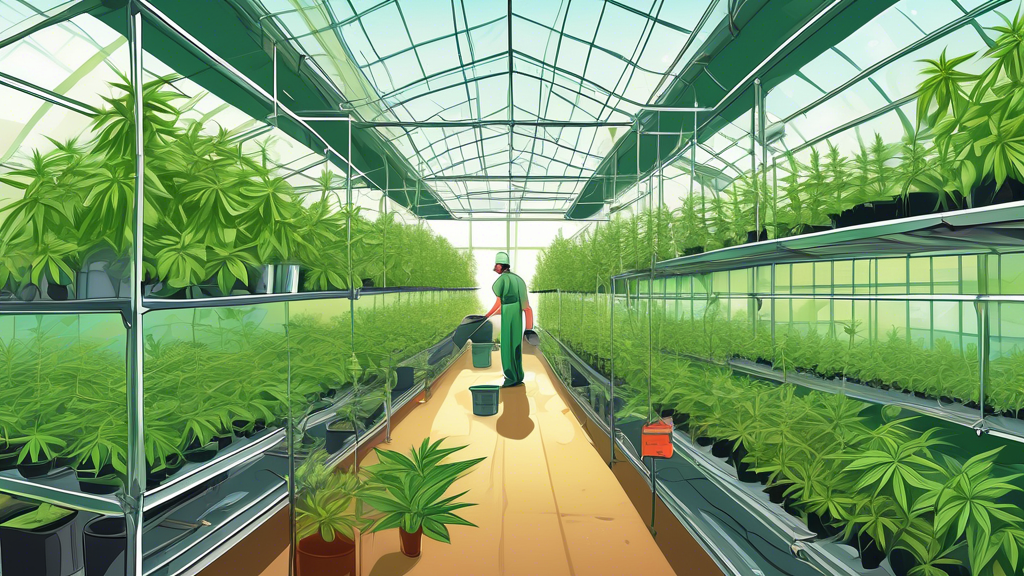 Create a detailed image of a marijuana greenhouse, focusing on the daily activities and processes of marijuana growers. Show growers carefully tending to plants, adjusting lighting, watering systems, 