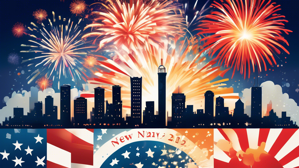 Create an image featuring a lively collage that represents the key events and highlights of July 3, 2024. Incorporate elements like vibrant fireworks against a night sky for Independence Day celebrati