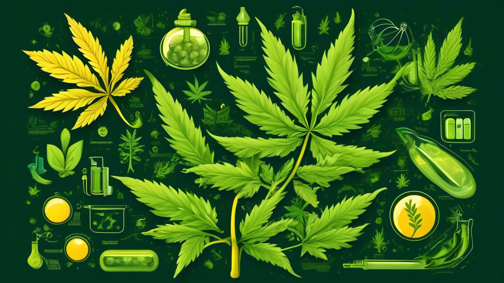 Create a detailed illustration of a marijuana plant with healthy green leaves prominently displayed, but include a few leaves showing yellow spots. Around the plant, depict floating icons representing