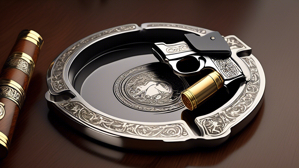 Create an image featuring a luxury ashtray designed in the style of a 1911 handgun. The ashtray should be made of sleek, polished metal with intricate details replicating the iconic features of a 1911