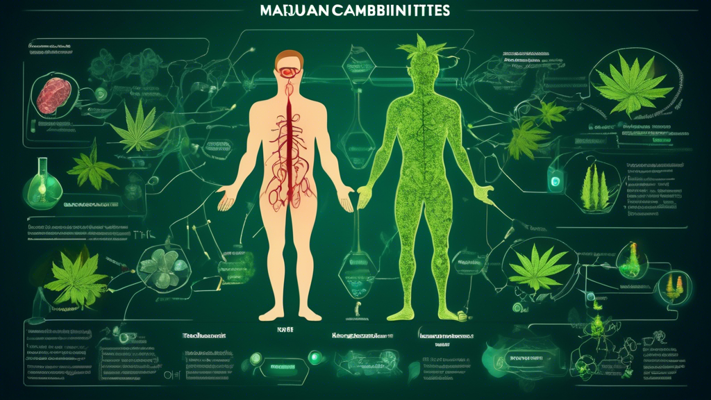 Create an informative and detailed illustration that visually explains the concept of marijuana metabolites. The image should include a human body outline highlighting the liver, kidneys, and bloodstr