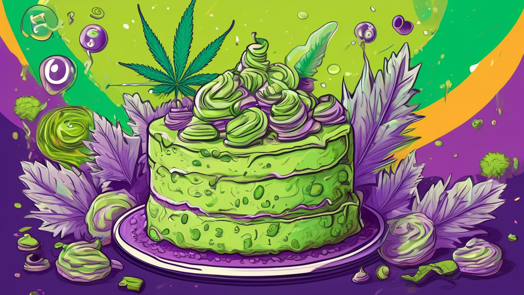 A colorful, detailed illustration of a cannabis bud labeled Runtz Cake, highlighting its frosty trichomes and vibrant mix of lime green and purple hues. The background features a whimsical bakery sett