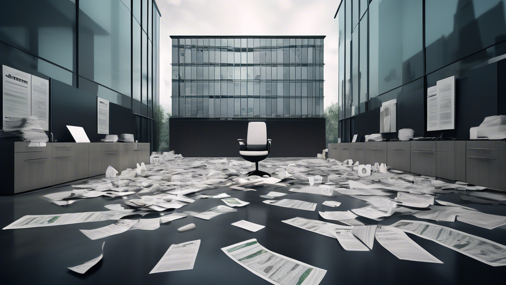 Create an image of a somber, modern office building with the Trulieve logo prominently displayed. There's a serious mood in the air, with newspapers and documents scattered around showing headlines ab