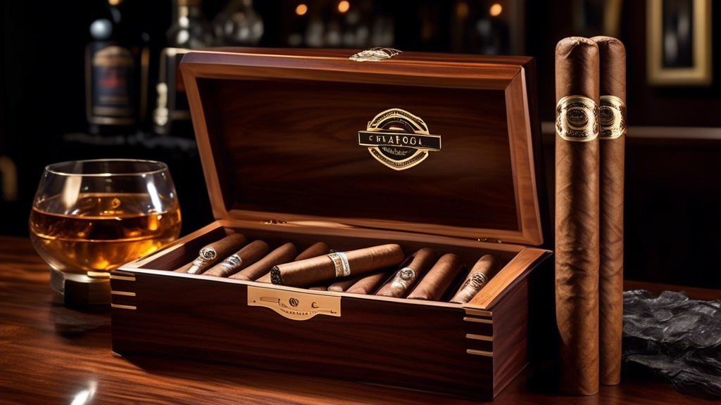 Create an image depicting a sophisticated setting with a luxurious, dark wooden bar where a cigar enthusiast is showcasing a new line of cigars branded Fratello Cigars: The Detroit River. Emphasize th