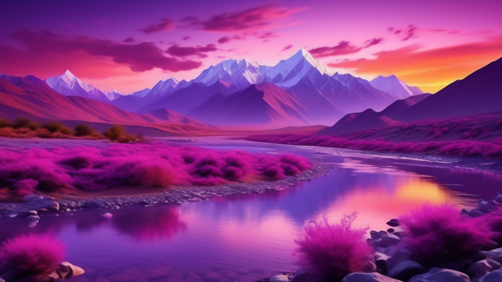 Create a stunning landscape image of the Violet Hindu Kush mountain range at sunset. The mountains should have distinct violet hues with snow-capped peaks, lush green valleys, and a serene river flowi