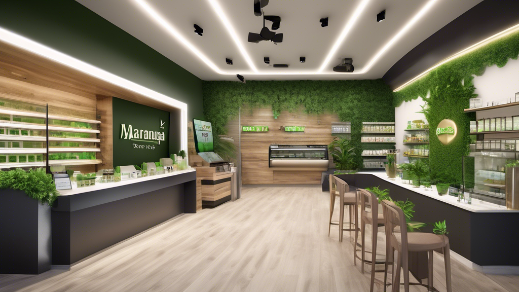 Create an image depicting a modern, stylish marijuana dispensary with a sleek exterior design and a welcoming storefront sign that reads Marijuana Mart. The interior should feature well-lit shelves st