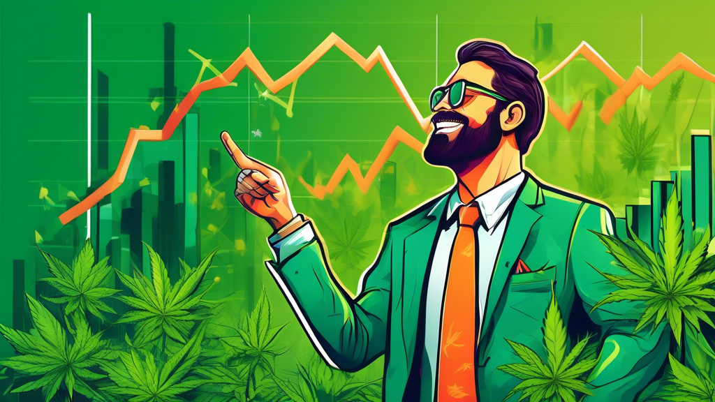 An optimistic financial analyst with a backdrop of a stock market graph showing upward trends, intertwined with cannabis plants growing taller. The scene is vibrant, with green cannabis leaves blendin