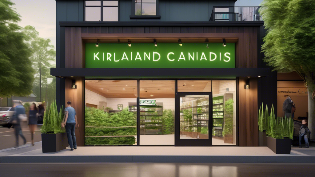 Create an image of a modern marijuana dispensary in Kirkland, Washington. The exterior should show a clean, stylish building with large windows and a sign that reads Kirkland Cannabis surrounded by lu