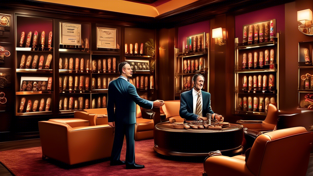 Create an image of an executive from Quality Importers shaking hands with the founder of Stinky Cigar, set against a backdrop of a luxurious cigar lounge. Have various types of cigars displayed on ele