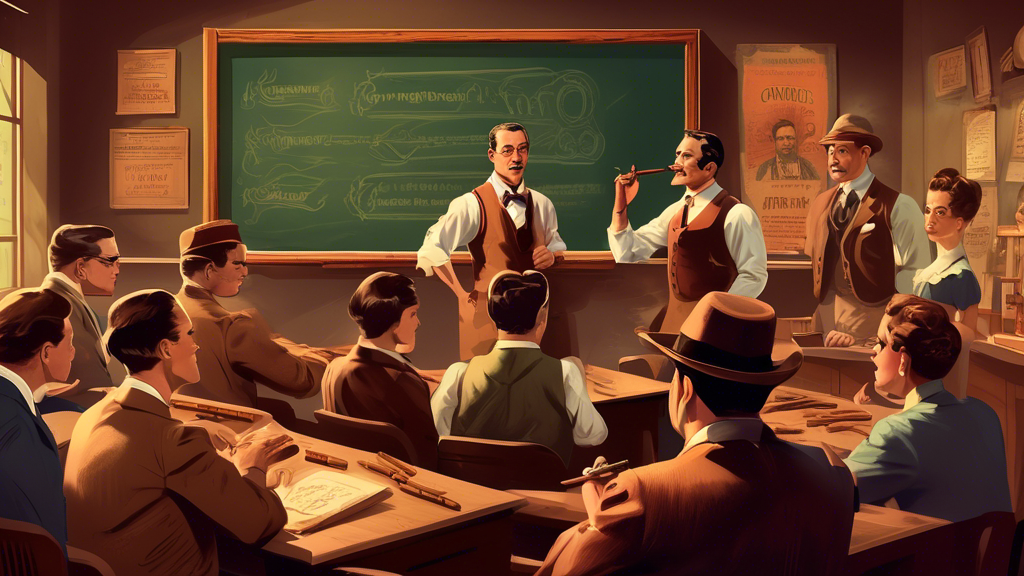 A vintage-styled classroom setting with a chalkboard illustrating different types of cigars, sizes, and cuts, with a knowledgeable instructor dressed in early 20th-century attire providing a lesson to a diverse group of eager adult students.