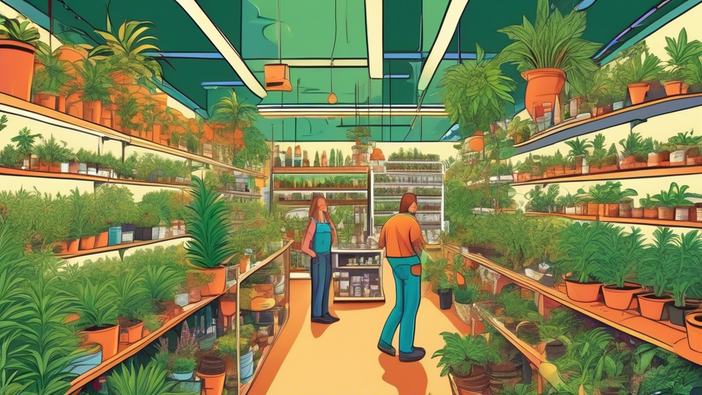 A detailed and vibrant image of a bustling local garden supply store, with shelves stocked with various marijuana grow supplies like nutrient solutions, soil, hydroponic systems, grow lights, and pots