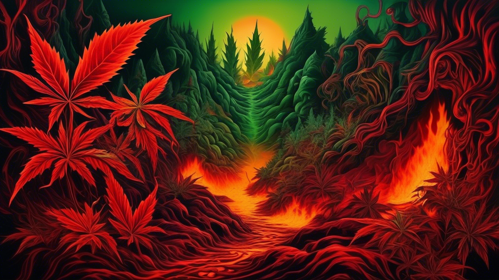 Create an image that portrays an abstract and surreal journey into a dark, infernal world where marijuana plants and motifs are prominent. The scene should include hellish landscapes with fiery chasms