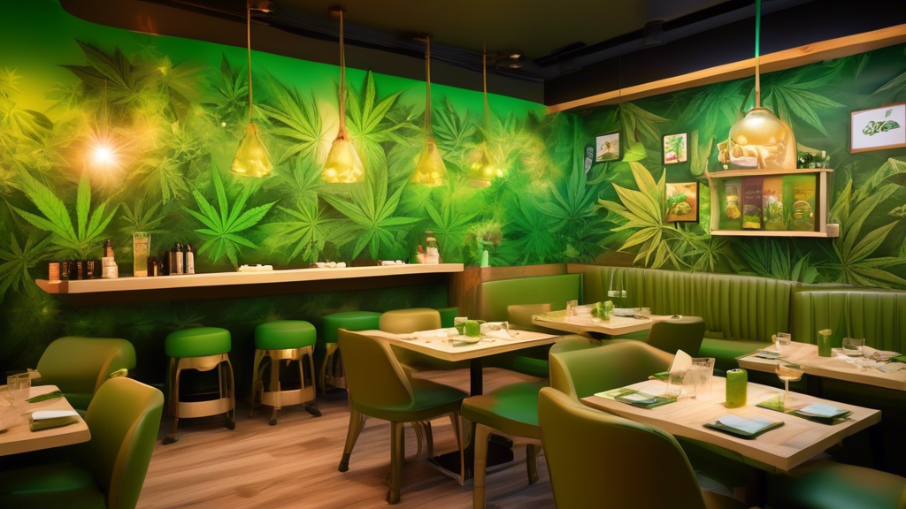 A lively marijuana-themed restaurant with vibrant, cannabis-inspired decor, featuring green and earthy tones. Diners are enjoying gourmet dishes infused with subtle hemp flavors, while the staff wear 