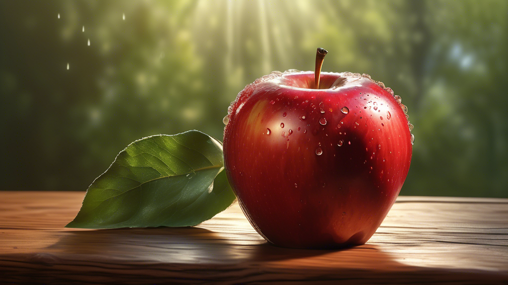 Create a hyper-realistic image of a crisp, red apple glistening with morning dew. The apple is placed on a rustic wooden table with a soft, natural background that suggests a serene orchard. Light gen