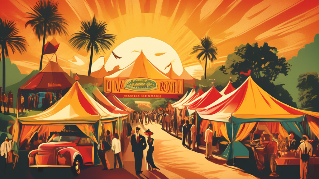 Create an image of a vibrant traveling road show featuring colorful, vintage-style tents with banners showcasing the logos of Altadis, CLE, Oliva, and Rocky Patel. Include a bustling, enthusiastic cro