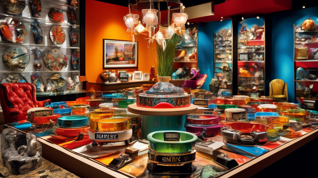 Create an image of a stylish, modern showroom displaying a variety of unique and artistically designed ashtrays, with a prominent sign that reads 'Quality Importers Acquires Stinky Ashtrays.' The asht