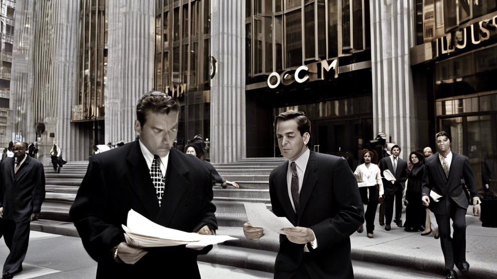 A bustling New York City courthouse with towering skyscrapers in the background. In front of the courthouse, a group of lawyers in suits holding stacks of legal documents, each marked with different l