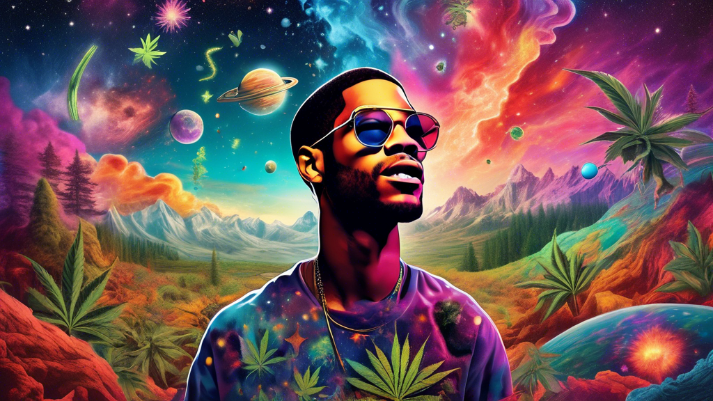 Create an album cover art illustration featuring Kid Cudi in a surreal, dream-like landscape. Surround him with symbolic elements representing his lyrics, such as intricate, colorful marijuana leaves,