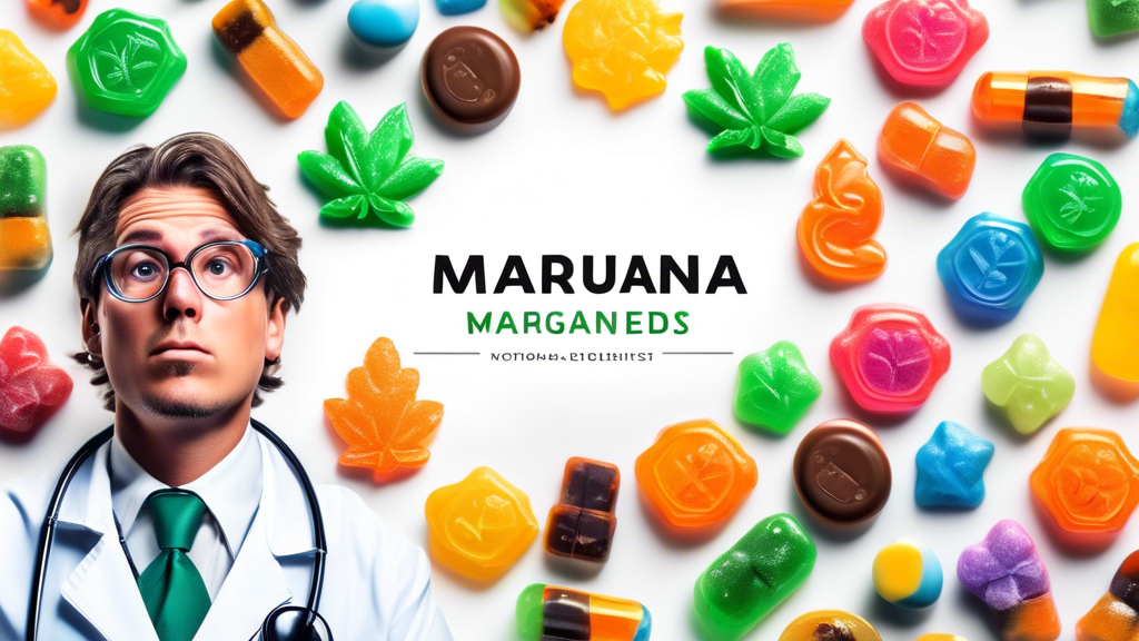 Create an informative and visually appealing image that depicts various colorful marijuana-infused candies, clearly labeled with caution symbols and educational text. The background should have a clea