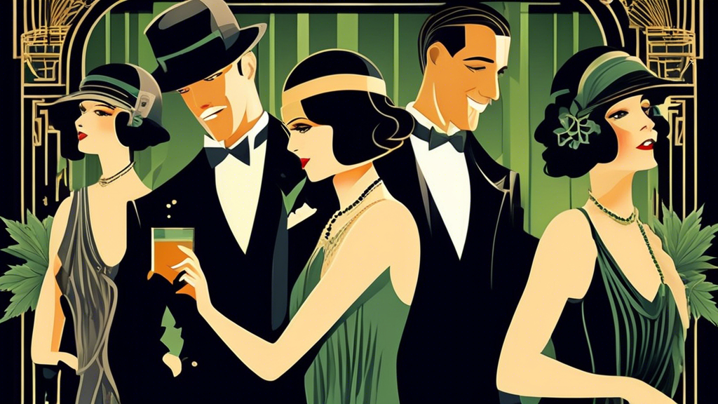 Create an illustration that captures the essence of the 1920s featuring people in flapper dresses and tuxedos at a lively jazz party. Subtly incorporated within the scene, show period-appropriate post