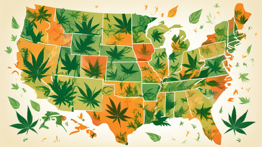 Create an illustrated map of the United States highlighting each state with varying shades or symbols to indicate their status on marijuana legalization. Include icons of cannabis leaves and legal sca