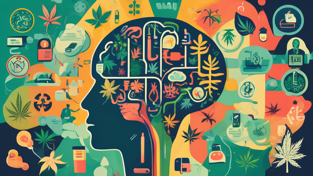 Create an image depicting the various aspects of Marijuana Use Disorder: a human brain with highlighted areas showing potential effects, a person surrounded by icons representing symptoms like anxiety