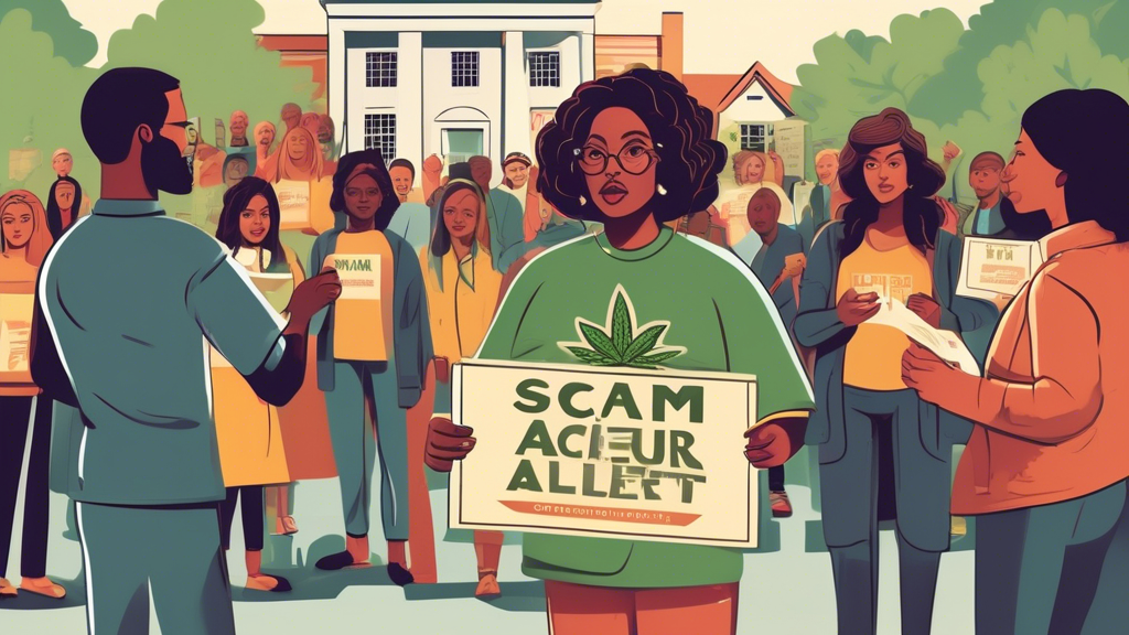 Create an image depicting a concerned community gathering in front of a government building in Delaware, with a diverse group of people holding informational pamphlets about cannabis social equity app