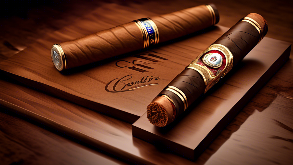 Create a highly detailed and sophisticated image of the new Cavalier Genève LE2024 cigar. Highlight its elegant packaging and intricate band design, positioned in a luxurious setting with rich wooden 