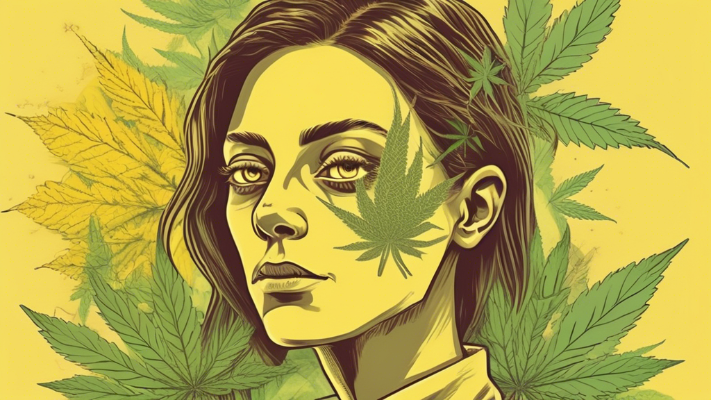 An illustration showing a person with yellow-tinged eyes, surrounded by cannabis leaves. In the background, there are medical charts and diagrams highlighting liver health. The image has a neutral, in