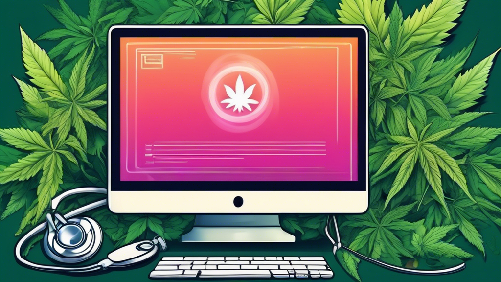 A digital painting of a secure login page on a computer screen, surrounded by medical marijuana leaves and a stethoscope, symbolizing the intersection of technology and medical cannabis access.