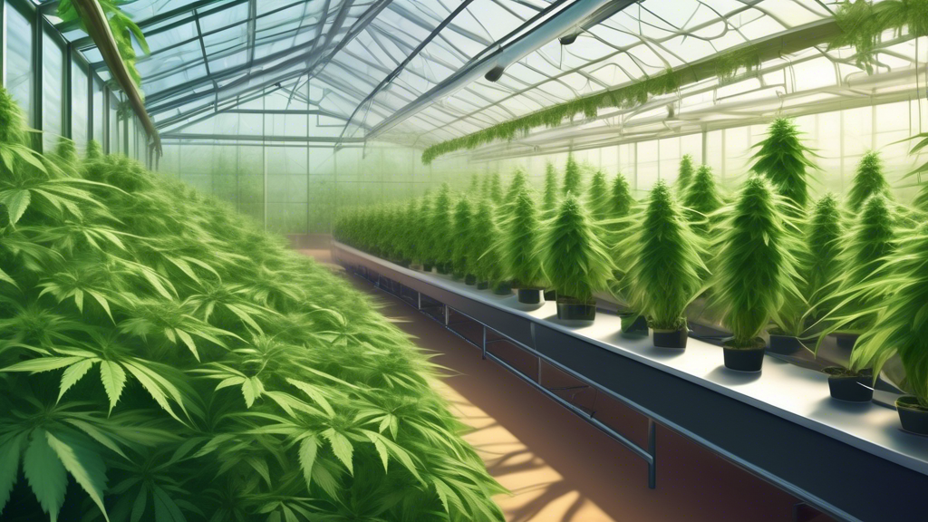 Create a detailed illustration of a marijuana cultivation setup inside a modern greenhouse. Show rows of healthy cannabis plants at various stages of growth, with advanced lighting systems and automat