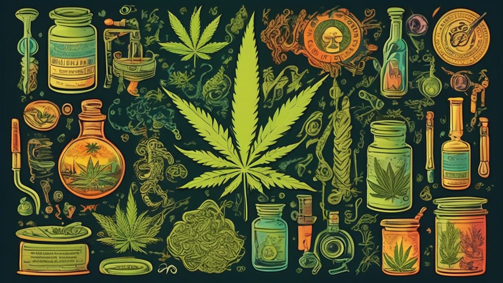 Create an illustration depicting the evolution of marijuana through different historical periods, starting from ancient use in traditional medicine, transitioning through the counterculture movement o