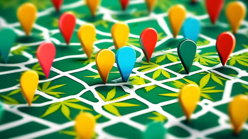 An illustrated map marker pin icon amidst a network of roads, highlighting multiple marijuana leaf icons to signify dispensaries in a vibrant, cartoonish style.