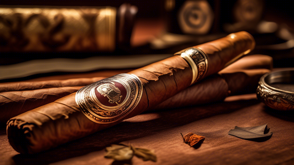 Create an image featuring a beautifully crafted cigar with intricate detailing, set against the backdrop of a traditional Cuban workshop. Skilled artisans are meticulously working on hand-rolling ciga