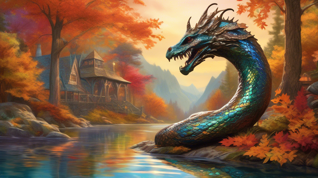 Create a detailed scene featuring the Bronzeback of Umbagog, a mythical creature. Imagine it as a majestic, bronze-scaled serpent with gleaming, iridescent scales basking on the serene shores of Lake 