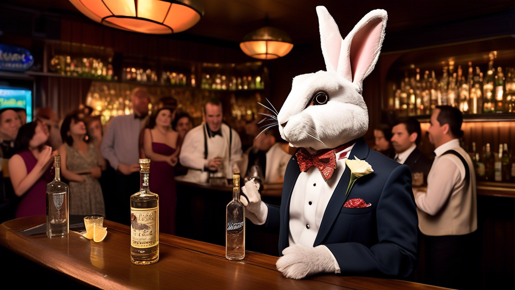 A whimsical scene where a witty rabbit comedian, dressed in a stylish suit and bow tie, performs stand-up comedy in front of a captivated audience at an elegant bar. Bottles of Suerte Tequila are prom